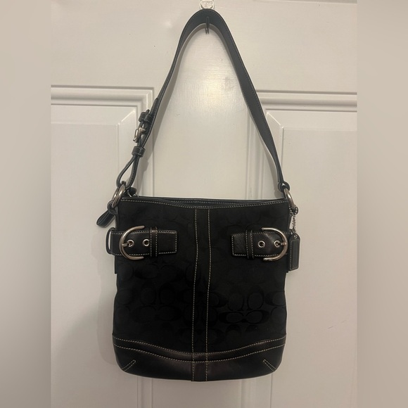 Coach Black Soft Duffle Leather Handbag Signature Jacquard Vintage - Picture 1 of 12